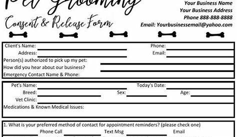 Pet Grooming Consent and Release Form Pet Grooming Dog - Etsy UK