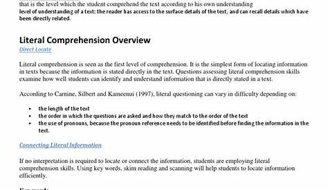 literal comprehension questions worksheets