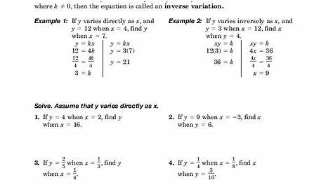 Direct and Inverse Variation Worksheet for 8th - 11th Grade | Lesson Planet