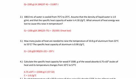 Specific Heat Worksheet Answer Key