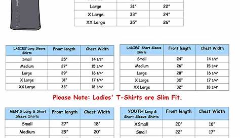 size chart for clothing