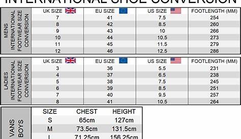 male vans running shoes size chart