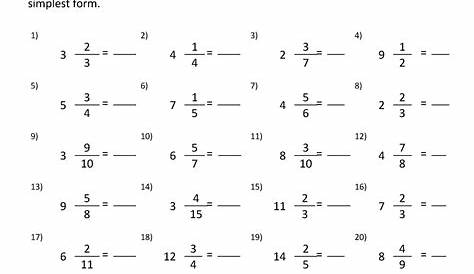 changing a mixed number to an improper fraction worksheets