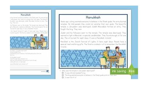 hanukkah reading comprehension worksheets free