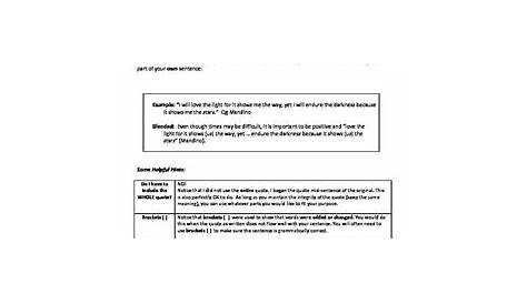 Quote Integration Worksheet / Using Quotes And Paraphrase In Literary
