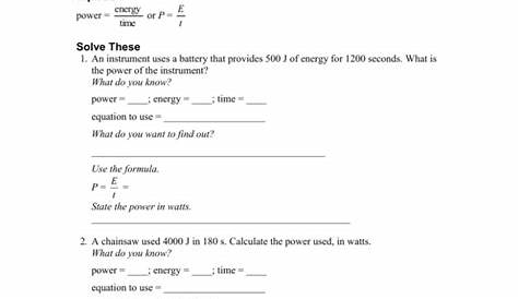 work and power calculations worksheet answers