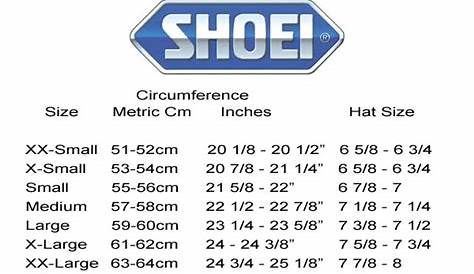 shoei rf-1200 dominance helmet size chart