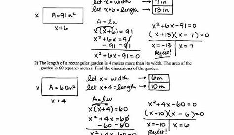 quadratic equations word problems worksheet
