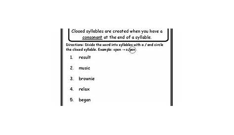 Language Arts Closed Syllables Activity Syllable Type Closed Syllable