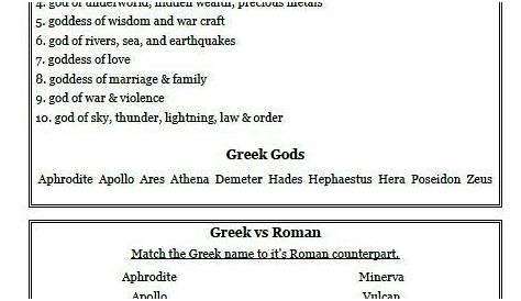 greek gods and goddesses worksheet