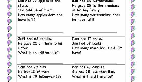 2 Digit Subtraction Without Regrouping activity | Word problems