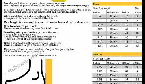 five finger shoes size chart