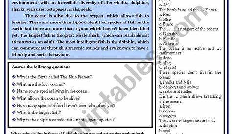 sea animals reading comprehension worksheets