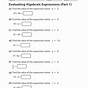 Evaluating Expressions Worksheet Algebra 1