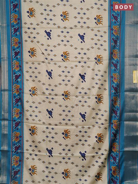 Semi dola saree beige and cs blue with allover ikat prints and zari wo ...
