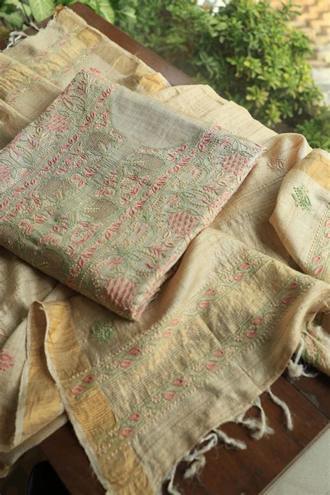 Blue Floral Cotton Kurta Fabric with Chikankari Embroidered Neckline