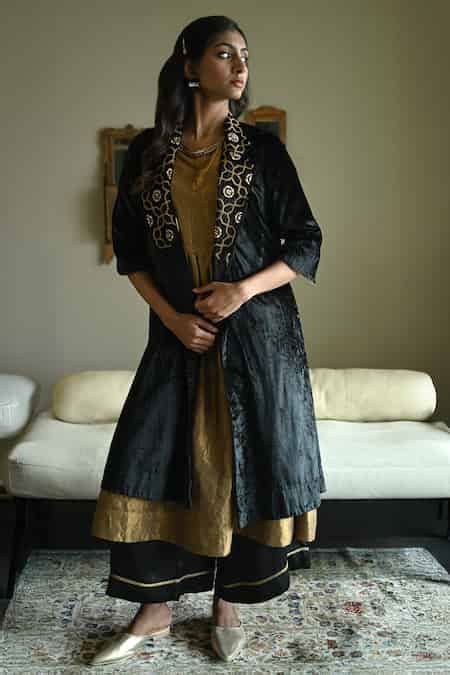 Buy Black Velvet Embroidery, Lace V-neck Sally Hand Jacket For Women by ...