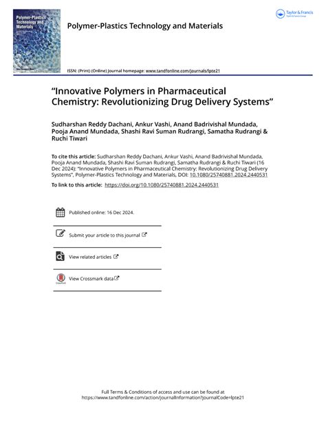 Pdf Innovative Polymers In Pharmaceutical Chemistry Revolutionizing Drug Delivery Systems