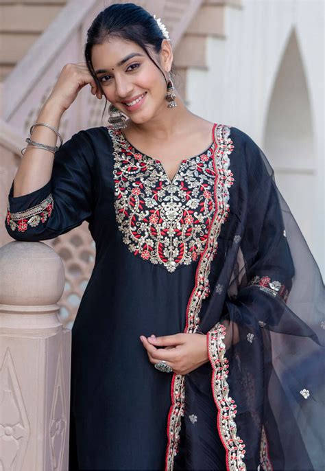 Buy Embroidered Art Silk Pakistani Suit In Black Online Kbnq Utsav Fashion