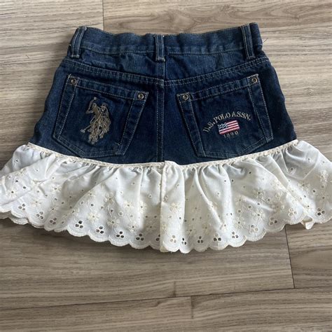 Ralph Polo denim mini skirt with white lace ruffle... | Depop