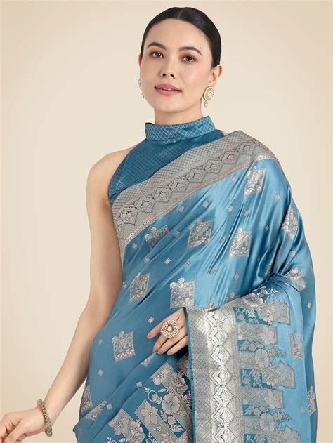 Cyan blue Banarasi Satin Silk Zari Weaving Festival Wear Saree – Monjolika