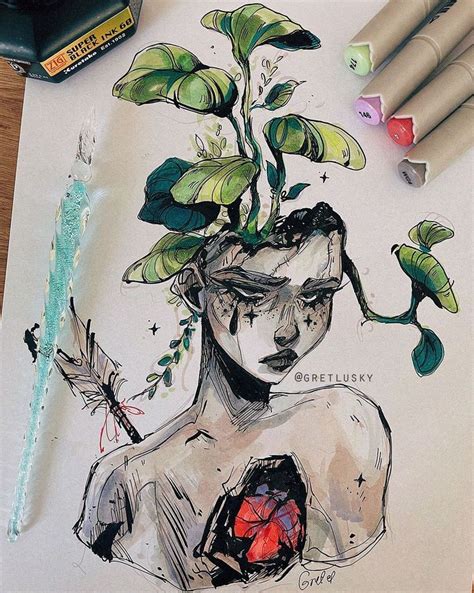 A Drawing Of A Woman With Leaves On Her Head