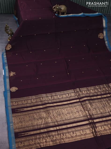 Kanchi cotton saree deep maroon and peacock blue with zari woven butta ...