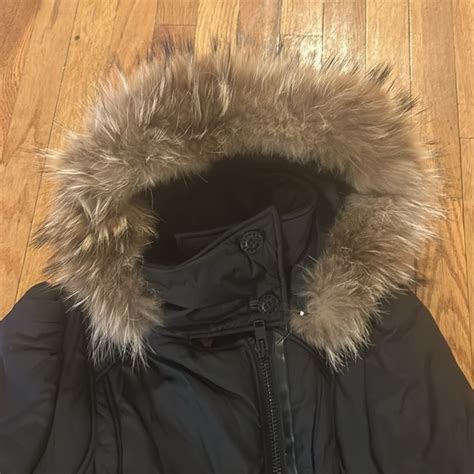 Mackage black puffer long belted coat genuine fur hood leather trim ...
