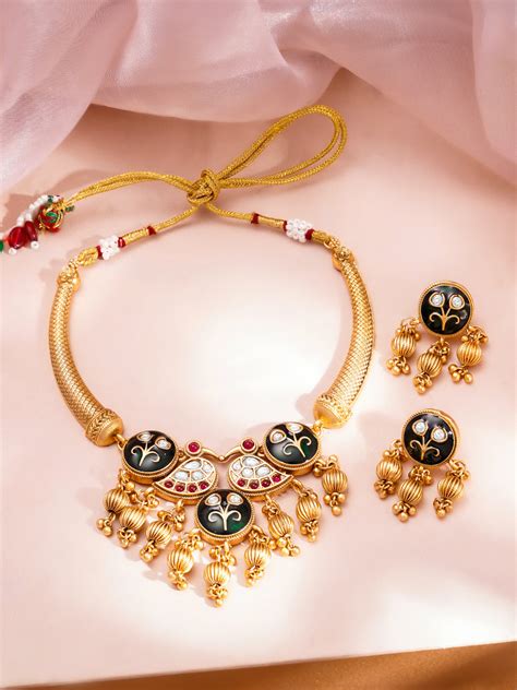 Festive Gold Kundan-Enamel Statement Necklace Set – Rubans