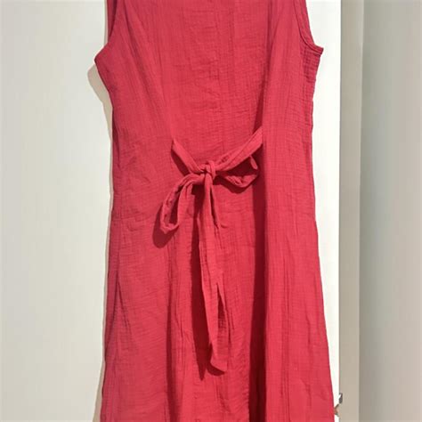 Red cotton midi dress with thin vertical stripes... | Depop