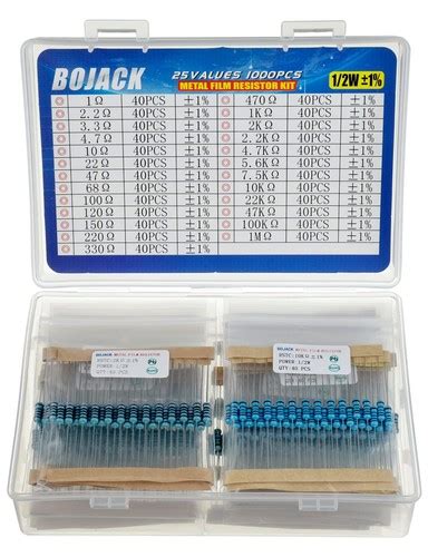 BOJACK 1000 Pcs 25 Values Resistor Kit 1 Ohm-1M Ohm with 1% 1/2W Metal ...