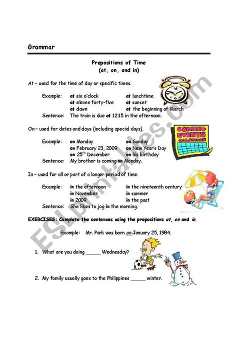 Preposition Of Time Worksheets