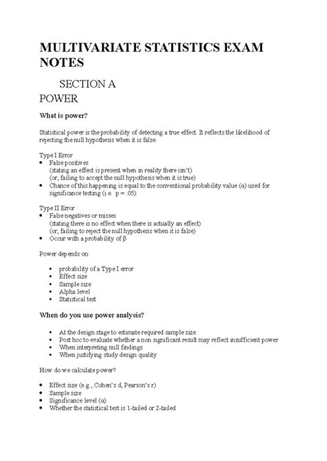 MULTIVARIATE STATISTICS EXAM NOTES: POWER & REGRESSION ANALYSIS - Studocu
