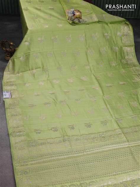 Chiniya silk saree pista green with zari woven floral buttas and zari ...