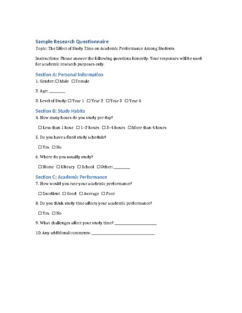 Sample Research Questionnaire: Study Time & Academic Performance - Studocu