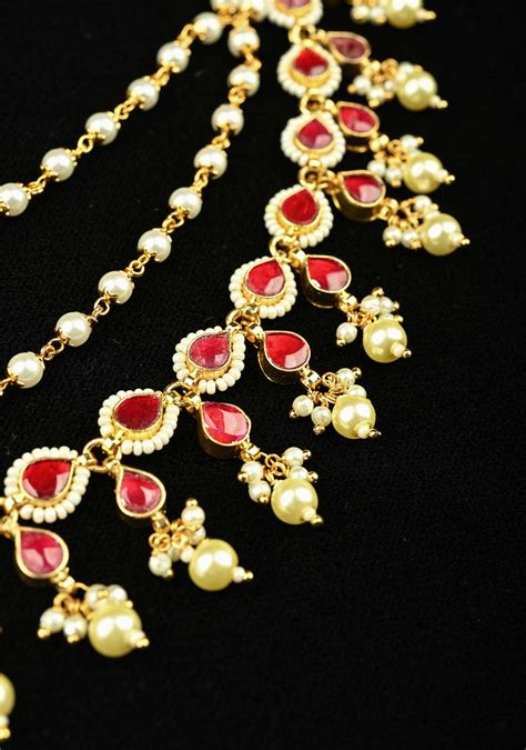 Contemporary 3 Layered Pearl Ear Chain with Red stone – Shobitam India