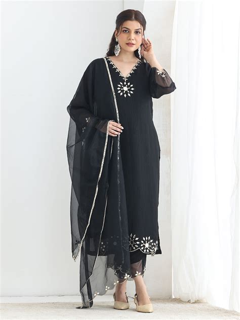 Black Embroidered Crushed Silk Suit- Set of 3
