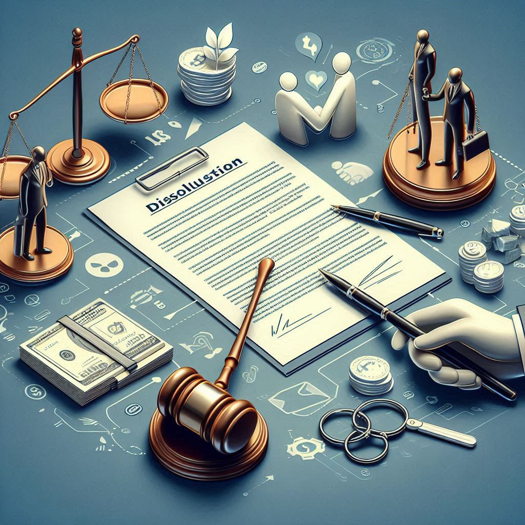 A conceptual illustration of Legal Safeguards for Businesses in Partnership Dissolutions. The image features a contract document symbolizing dissolution agreements, individuals representing partners, and scales of justice or a gavel indicating legal oversight. It could also include symbols of financial planning and corporate governance, such as a handshake or assets.