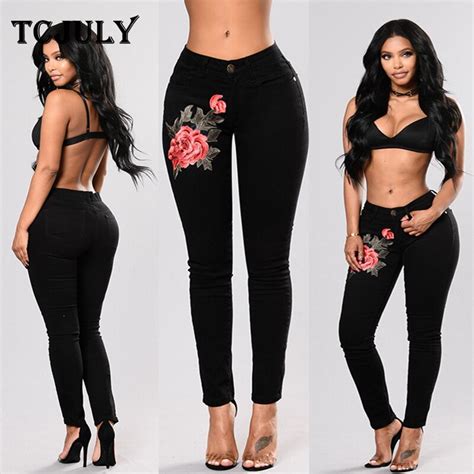 Tcjuly Vintage Black Jeans For Women Fashion Rose Flowers Embroiderd Denim Pants Skinny Stretch