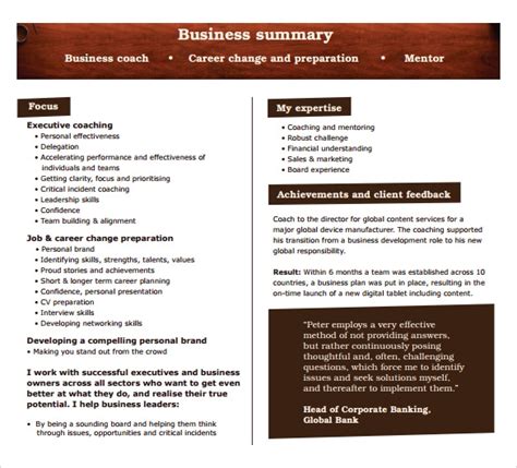 A microsoft business plan template can help get you started. 9 Business Summary Templates - Samples, Examples & Formats ...