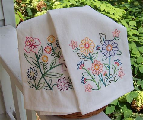 Flowers And More Flowers Embroidered Tea Towel Set Of Etsy Dish