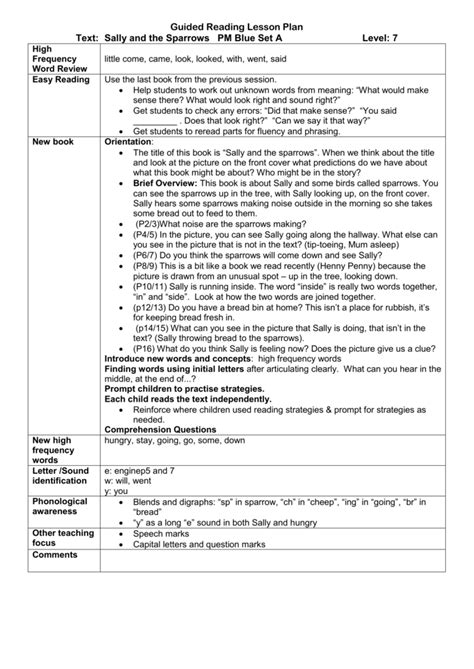 Sample Guided Reading Lesson Plan Templates