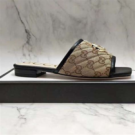Gucci Womens Gg Matelassé Canvas Slide Sandal Beigeebony Diagonal Lulux