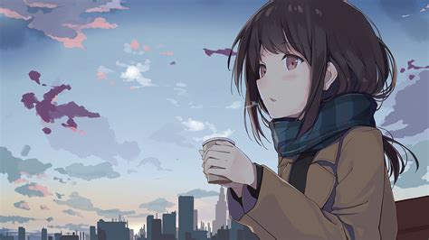1920x1080 Anime Girl Holding Tea Outside Laptop Full Hd 1080p Hd 4k