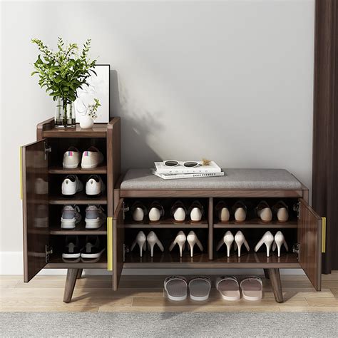 Walnut Wooden Shoe Storage Bench With Doors Shelves For Entryway Entryway Furniture