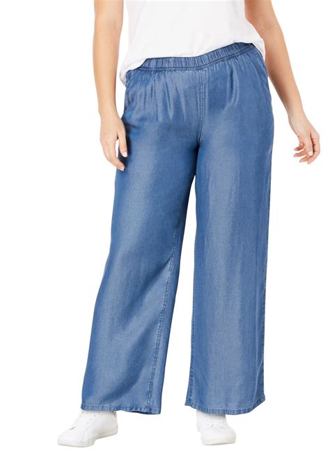 Ellos Ellos Women S Plus Size Wide Leg Elastic Waist Denim Pants Jeans Walmart Com Walmart Com