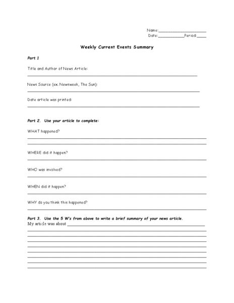 Weekly current events summary worksheet for 7th