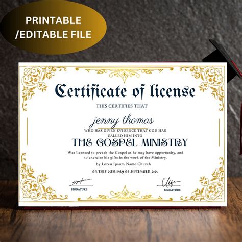 Editable License To Preach Template Printable Certificate Of License