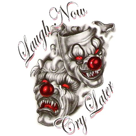 Laugh Now Cry Later Horror Two Clown Mask Tattoo Design Clown
