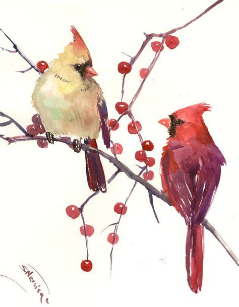 Male And Female Cardinal Original Watercolor Painting 14 X 11 In By